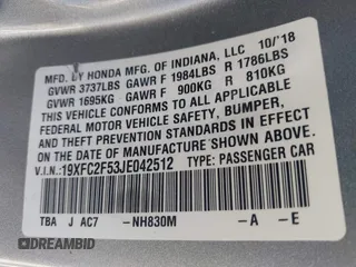 2018 Honda Civic Sedan LX with VIN 19XFC2F53JE042512, listed as a IAAI auction lot 42047847 with 89,505 mi miles. Bid and sale history available at carsss.com. Image 9.