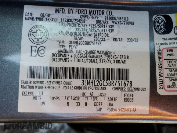 2011 Lincoln MKZ with VIN 3LNHL2GC5BR751678, listed as a Copart auction lot 53336815 with 123,037 mi miles and Salvage title. Bid and sale history available at DreamBid. Image 12.