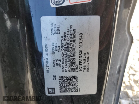 2020 Chevrolet Camaro 1LT with VIN 1G1FB1RSXL0131948, listed as a Copart auction lot 52192855 with 82,998 mi miles and Salvage title. Bid and sale history available at DreamBid. Image 12.
