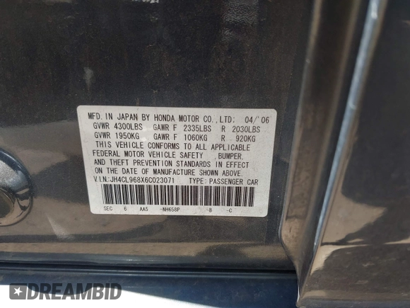 2006 Acura TSX z VIN JH4CL968X6C023071, wystawiony jako IAAI lot #42305028 z przebiegiem 219 698 mil mil oraz . Historia ofert i sprzedaży dostępna na DreamBid. Obrazek 9.