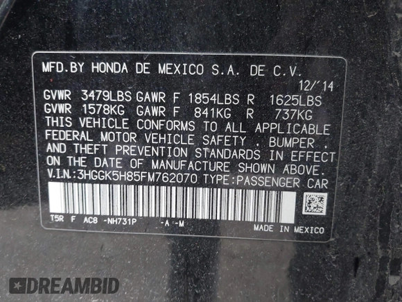 2015 Honda Fit EX-L with VIN 3HGGK5H85FM762070, listed as a IAAI auction lot 42136426 with 84,223 mi miles and . Bid and sale history available at DreamBid. Image 9.