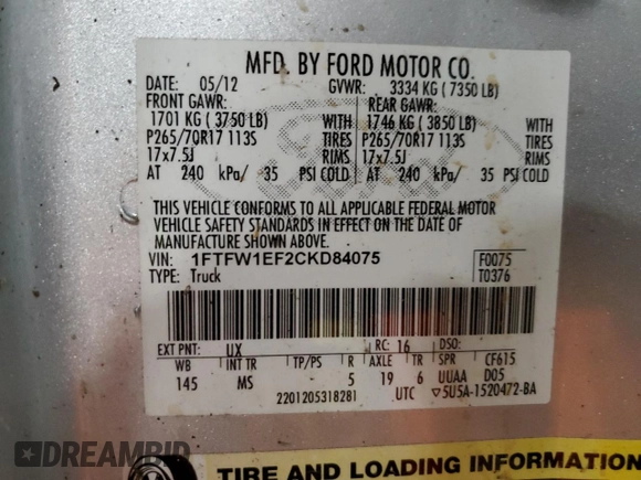 2012 Ford F-150 XL с VIN 1FTFW1EF2CKD84075, выставлен на аукционе Copart как лот 58392945 с пробегом 156 664 миль миль и Чистый • Clean title. История ставок и продаж доступна на DreamBid. Изображение 12.