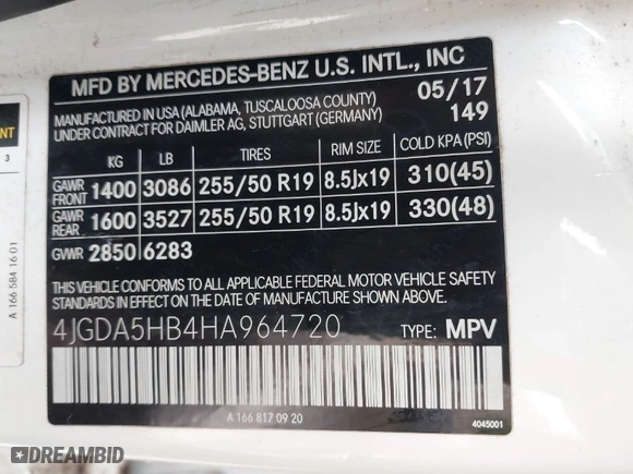 2017 Mercedes-Benz GLE with VIN 4JGDA5HB4HA964720, listed as a IAAI auction lot 41588045 with 66,549 mi miles. Bid and sale history available at carsss.com. Image 9.