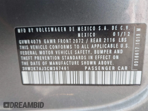2012 Volkswagen Jetta S with VIN 3VW2K7AJ3CM367461, listed as a IAAI auction lot 42522435 with 159,113 mi miles and . Bid and sale history available at DreamBid. Image 9.