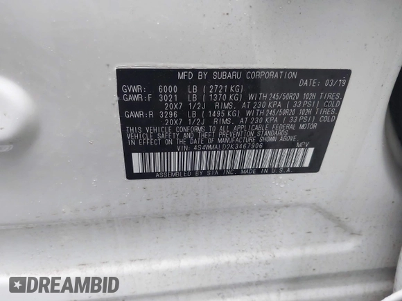 2019 Subaru Ascent Limited with VIN 4S4WMALD2K3467906, listed as a IAAI auction lot 42492894 with 61,296 mi miles and . Bid and sale history available at DreamBid. Image 9.