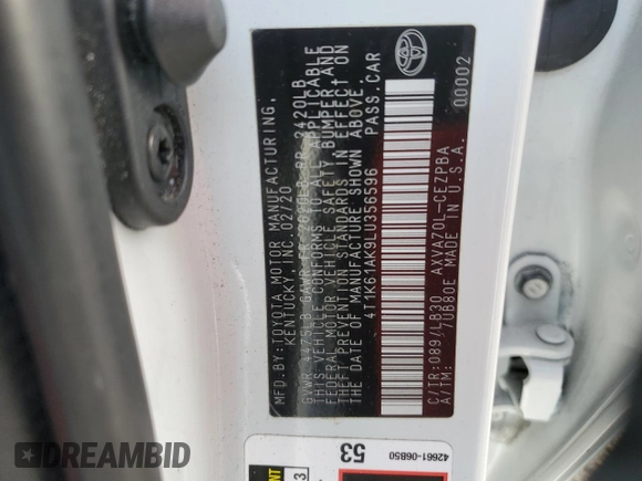 2020 Toyota Camry XSE with VIN 4T1K61AK9LU356596, listed as a Copart auction lot 84372504 with Not Provided miles and Salvage Title. Bid and sale history available at DreamBid. Image 13.