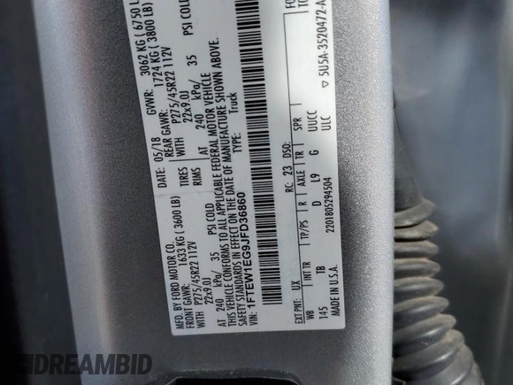 2018 Ford F-150 XL with VIN 1FTEW1EG9JFD36860, listed as a Copart auction lot 45994465 with 103,381 mi miles and Salvage Title. Bid and sale history available at carsss.com. Image 13.