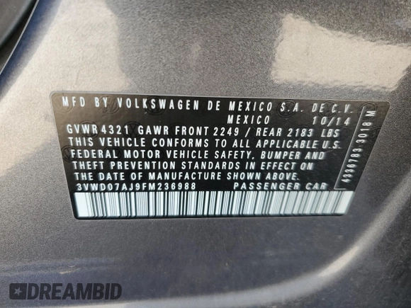 2015 Volkswagen Jetta Sedan 1.8T SE with VIN 3VWD07AJ9FM236988, listed as a Copart auction lot 42636825 with 98,847 mi miles and Salvage Title. Bid and sale history available at carsss.com. Image 12.