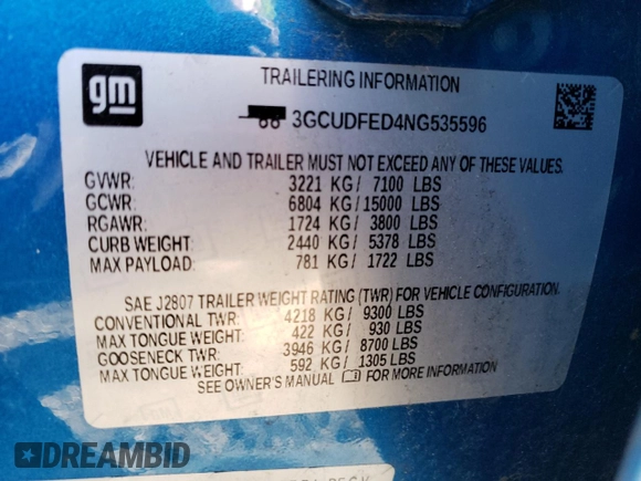 2022 Chevrolet Silverado 1500 LT Trail Boss with VIN 3GCUDFED4NG535596, listed as a Copart auction lot 48156975 with 35,225 mi miles and Salvage Title. Bid and sale history available at DreamBid. Image 12.