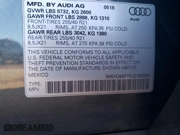 2018 Audi SQ5 Prestige with VIN WA1C4AFY0J2182559, listed as a Copart auction lot 78386744 with 43,670 mi miles and Salvage Title. Bid and sale history available at DreamBid. Image 12.