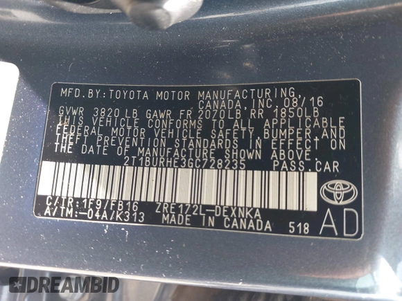 2016 Toyota Corolla L with VIN 2T1BURHE3GC728235, listed as a IAAI auction lot 42514916 with 90,438 mi miles and . Bid and sale history available at DreamBid. Image 9.
