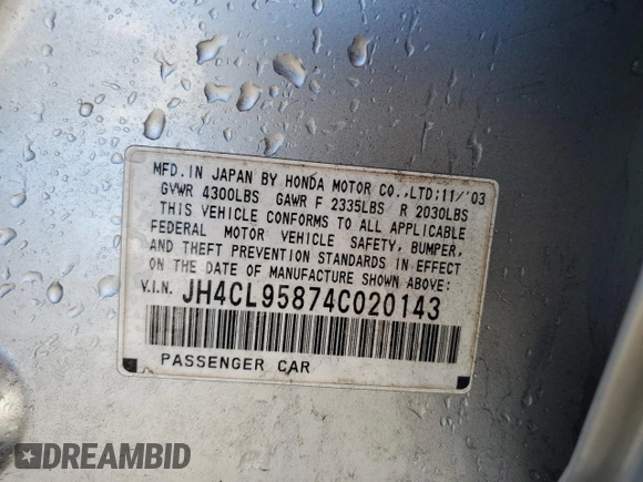 2004 Acura TSX with VIN JH4CL95874C020143, listed as a Copart auction lot 83622394 with 133,539 mi miles and Salvage title. Bid and sale history available at DreamBid. Image 12.