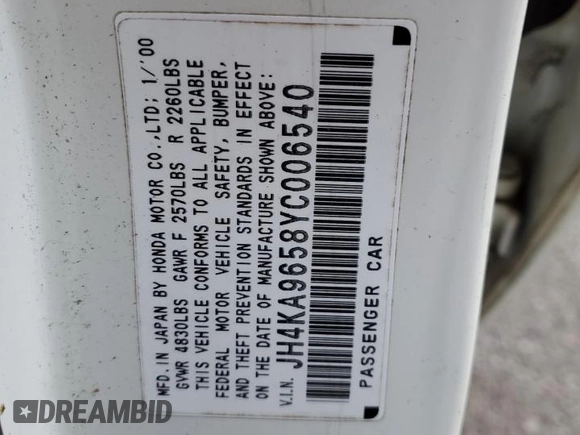 2000 Acura RL with VIN JH4KA9658YC006540, listed as a Copart auction lot 83498664 with 188,589 mi miles and Salvage Title. Bid and sale history available at carsss.com. Image 12.