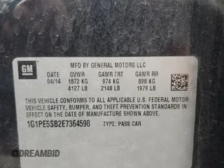 2014 Chevrolet Cruze 2LT with VIN 1G1PE5SB2E7364598, listed as a Copart auction lot 61970575 with 150,937 mi miles and Salvage title. Bid and sale history available at DreamBid. Image 12.