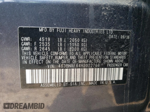 2017 Subaru Legacy Premium with VIN 4S3BNAF64H3022766, listed as a Copart auction lot 58123685 with Not provided miles and Salvage title. Bid and sale history available at DreamBid. Image 12.