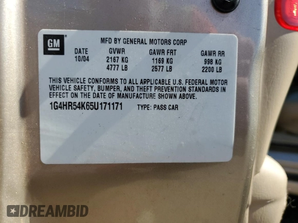 2005 Buick LeSabre Limited с VIN 1G4HR54K65U171171, выставлен на аукционе Copart как лот 56960385 с пробегом 97 131 миль миль и Списание • Salvage title. История ставок и продаж доступна на DreamBid. Изображение 12.