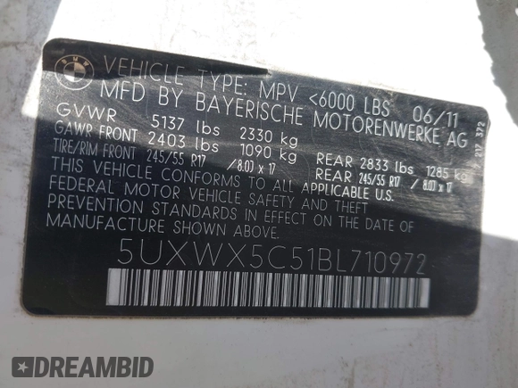 2011 BMW X3 28i with VIN 5UXWX5C51BL710972, listed as a IAAI auction lot 42244322 with 129,652 mi miles and . Bid and sale history available at DreamBid. Image 9.