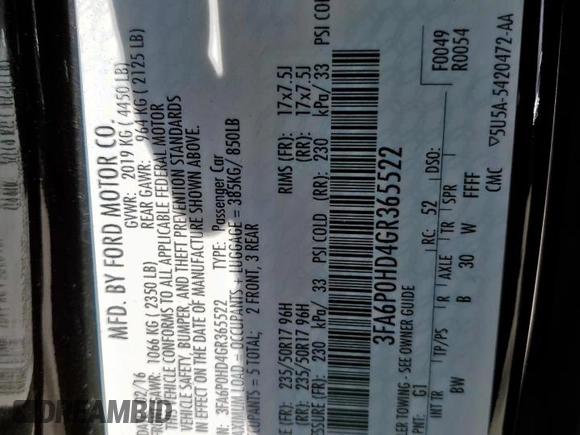 2016 Ford Fusion SE with VIN 3FA6P0HD4GR365522, listed as a Copart auction lot 48703705 with 193,700 mi miles and Salvage Title. Bid and sale history available at DreamBid. Image 12.