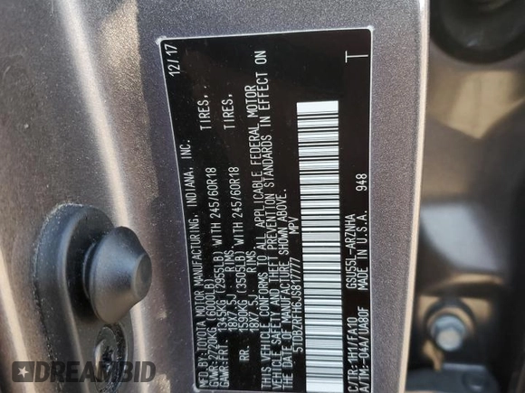 2018 Toyota Highlander LE с VIN 5TDBZRFH6JS817777, выставлен на аукционе Copart как лот 56344485 с пробегом 73 580 миль миль и Списание • Salvage title. История ставок и продаж доступна на DreamBid. Изображение 13.