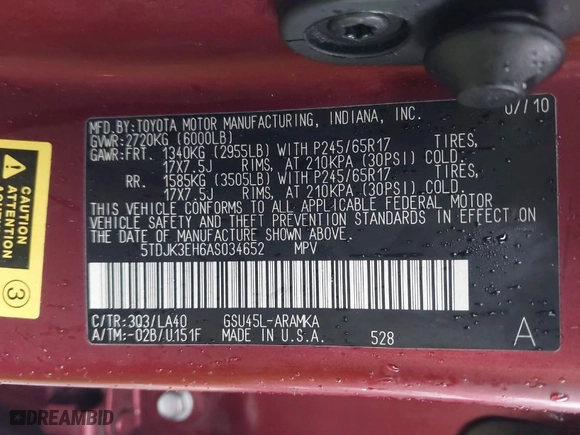 2010 Toyota Highlander SE with VIN 5TDJK3EH6AS034652, listed as a IAAI auction lot 40511681 with 114,219 mi miles. Bid and sale history available at carsss.com. Image 9.
