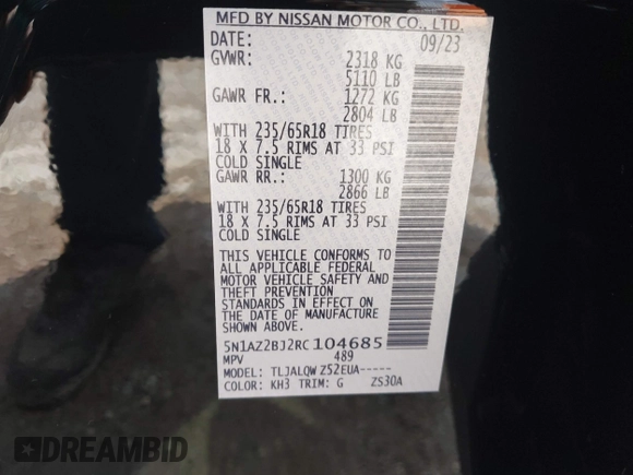 2024 Nissan Murano SV с VIN 5N1AZ2BJ2RC104685, выставлен на аукционе IAAI как лот 42169069 с пробегом 2 209 миль миль и . История ставок и продаж доступна на DreamBid. Изображение 9.