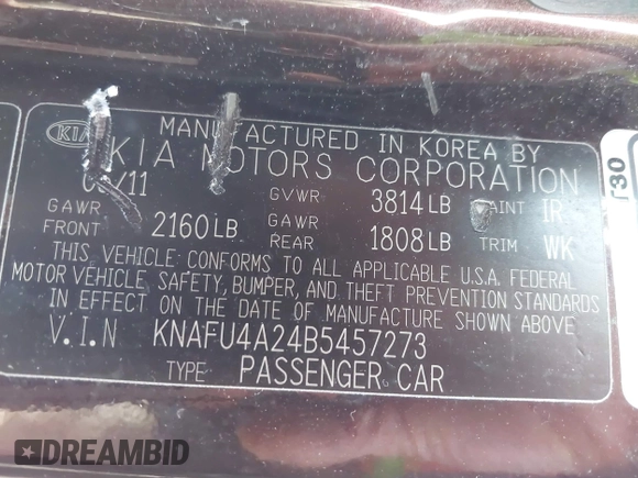 2011 Kia Forte EX with VIN KNAFU4A24B5457273, listed as a IAAI auction lot 41918785 with 172,687 mi miles. Bid and sale history available at carsss.com. Image 9.