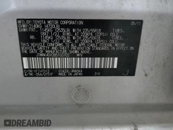 2011 Toyota RAV4 Sport with VIN JTMRK4DV2B5103702, listed as a Copart auction lot 58762285 with 233,822 mi miles and Salvage title. Bid and sale history available at DreamBid. Image 13.
