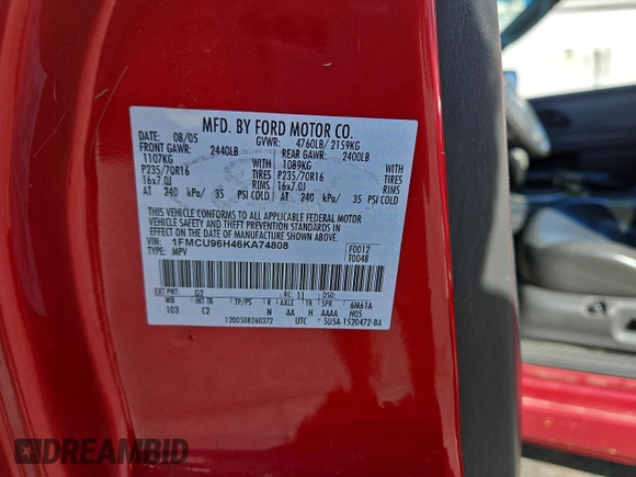 2006 Ford Escape Hybrid with VIN 1FMCU96H46KA74808, listed as a Copart auction lot 54599795 with 142,254 mi miles and Clean Title. Bid and sale history available at carsss.com. Image 10.