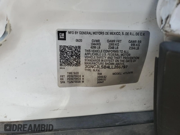 2020 Chevrolet Trax LT with VIN 3GNCJLSB4LL286797, listed as a Copart auction lot 57975375 with 54,147 mi miles and Salvage title. Bid and sale history available at DreamBid. Image 13.