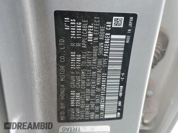 2018 Honda Clarity with VIN JHMZC5F11JC018212, listed as a Copart auction lot 46850155 with Not provided miles and Salvage title. Bid and sale history available at DreamBid. Image 12.