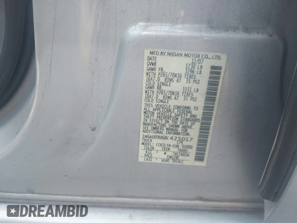 2008 Nissan Frontier SE with VIN 1N6AD09U68C425017, listed as a IAAI auction lot 42393947 with Not provided miles and . Bid and sale history available at DreamBid. Image 9.