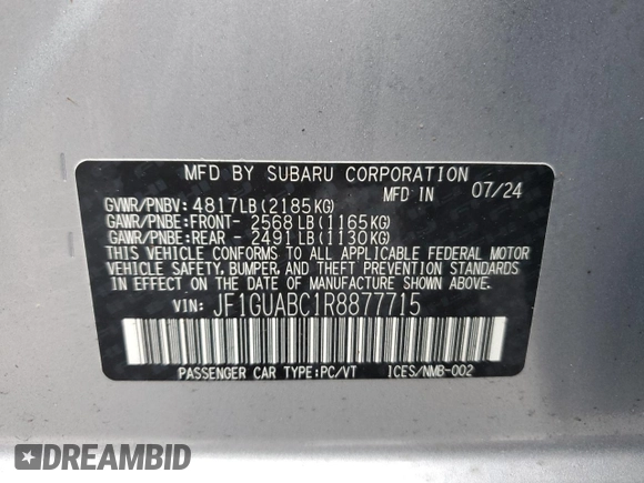 2024 Subaru Impreza with VIN JF1GUABC1R8877715, listed as a Copart auction lot 87331194 with 608 mi miles and Salvage Title. Bid and sale history available at carsss.com. Image 12.