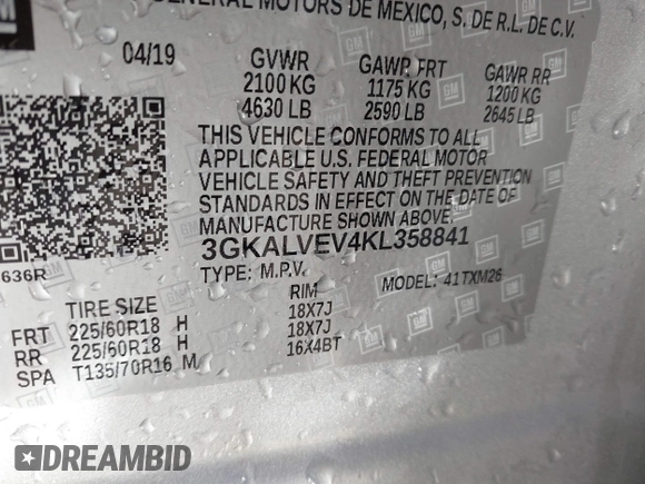 2019 GMC Terrain SLT with VIN 3GKALVEV4KL358841, listed as a IAAI auction lot 41776703 with 56,835 mi miles. Bid and sale history available at carsss.com. Image 9.