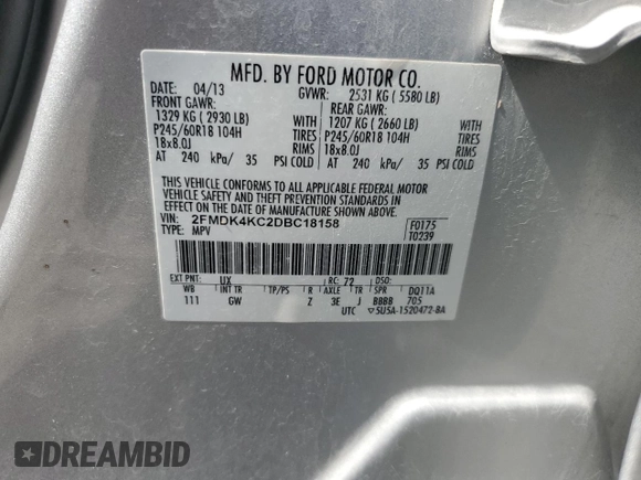 2013 Ford Edge Limited with VIN 2FMDK4KC2DBC18158, listed as a Copart auction lot 68917114 with 135,300 mi miles and Salvage Title. Bid and sale history available at carsss.com. Image 13.