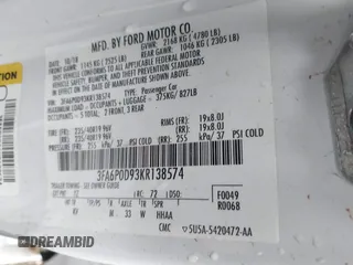 2019 Ford Fusion Titanium with VIN 3FA6P0D93KR138574, listed as a IAAI auction lot 41967094 with 118,297 mi miles. Bid and sale history available at carsss.com. Image 9.