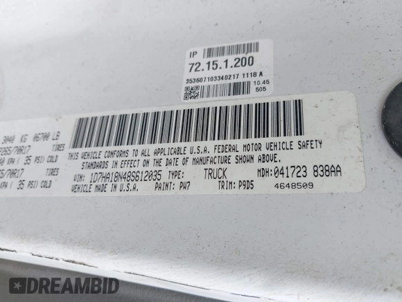 2008 Dodge Ram 1500 SLT with VIN 1D7HA18N48S612035, listed as a IAAI auction lot 42134443 with 208,780 mi miles. Bid and sale history available at carsss.com. Image 9.