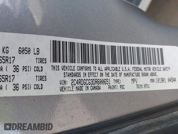 2013 Dodge Grand Caravan SXT with VIN 2C4RDGCG3DR600651, listed as a IAAI auction lot 41947769 with 201,824 mi miles and . Bid and sale history available at DreamBid. Image 9.