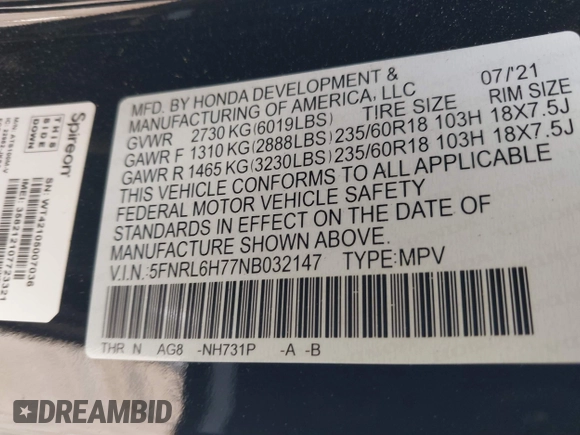 2022 Honda Odyssey EX-L z VIN 5FNRL6H77NB032147, wystawiony jako IAAI lot #41795448 z przebiegiem 64 160 mil mil oraz . Historia ofert i sprzedaży dostępna na DreamBid. Obrazek 9.