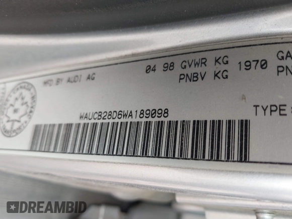 1998 Audi A4 с VIN WAUCB28D6WA189098, выставлен на аукционе IAAI как лот 41794487 с пробегом 145 089 миль миль и . История ставок и продаж доступна на DreamBid. Изображение 9.