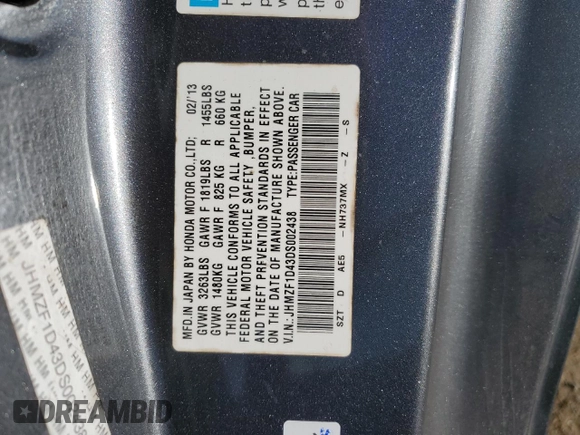 2013 Honda CR-Z z VIN JHMZF1D43DS002438, wystawiony jako Copart lot #80081294 z przebiegiem 85 690 mil mil oraz Szkoda całkowita • Salvage title. Historia ofert i sprzedaży dostępna na DreamBid. Obrazek 14.