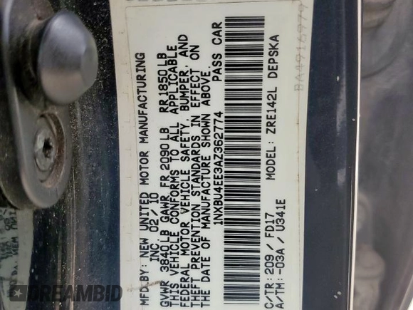 2010 Toyota Corolla with VIN 1NXBU4EE3AZ362774, listed as a Copart auction lot 62186385 with Not provided miles and Salvage title. Bid and sale history available at DreamBid. Image 12.