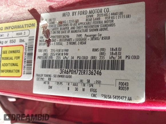 2014 Ford Fusion SE with VIN 3FA6P0H72ER136246, listed as a IAAI auction lot 42152305 with 395,682 mi miles. Bid and sale history available at carsss.com. Image 9.