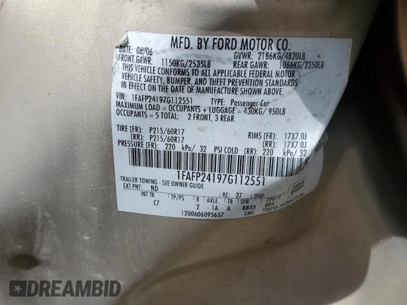 2007 Ford Five Hundred SEL с VIN 1FAFP24197G112551, выставлен на аукционе Copart как лот 55468975 с пробегом Не указан миль и На запчасти • Non repairable. История ставок и продаж доступна на DreamBid. Изображение 12.