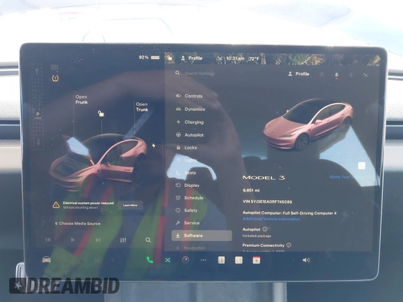 2024 Tesla Model 3 with VIN 5YJ3E1EA0RF745089, listed as a IAAI auction lot 41980217 with 9,851 mi miles and . Bid and sale history available at DreamBid. Image 7.