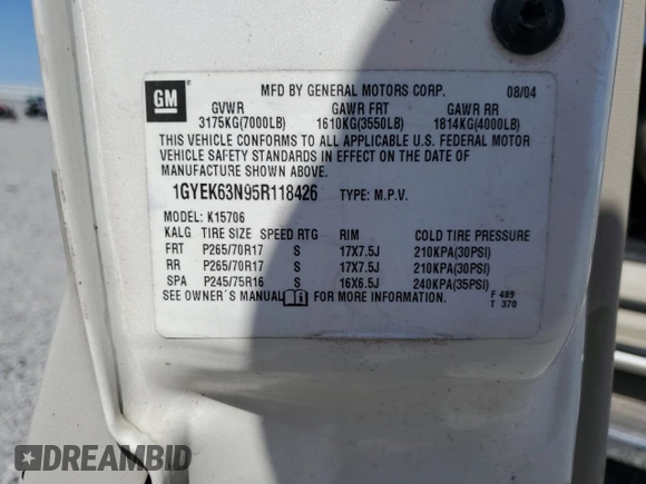 2005 Cadillac Escalade z VIN 1GYEK63N95R118426, wystawiony jako Copart lot #52681345 z przebiegiem 247 972 mil mil oraz Szkoda całkowita • Salvage title. Historia ofert i sprzedaży dostępna na DreamBid. Obrazek 13.