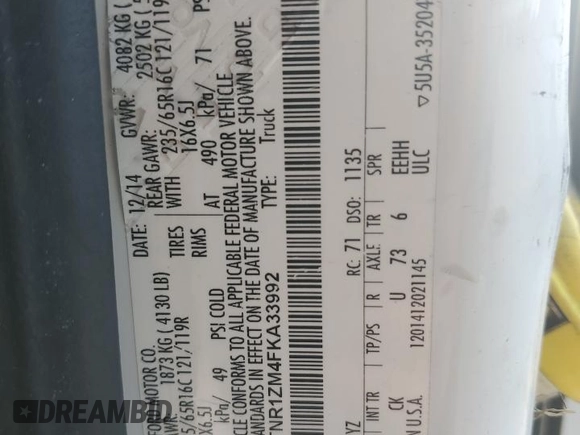 2015 Ford Transit Cargo with VIN 1FTNR1ZM4FKA33992, listed as a Copart auction lot 74308214 with 115,095 mi miles and Salvage Title. Bid and sale history available at DreamBid. Image 14.