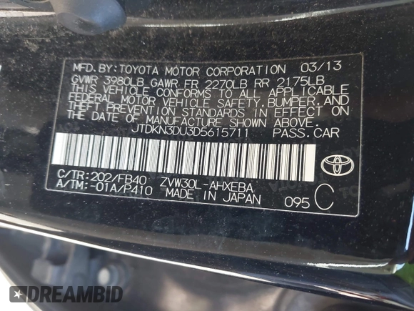 2013 Toyota Prius One with VIN JTDKN3DU3D5615711, listed as a IAAI auction lot 42119419 with 222,734 mi miles. Bid and sale history available at carsss.com. Image 9.