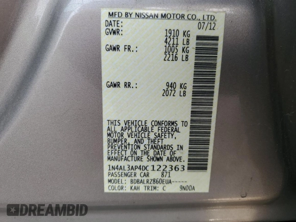 2013 Nissan Altima SL with VIN 1N4AL3AP4DC122363, listed as a Copart auction lot 65648475 with 185,562 mi miles and Salvage title. Bid and sale history available at DreamBid. Image 12.
