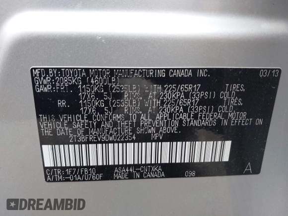 2013 Toyota RAV4 LE with VIN 2T3BFREV9DW022354, listed as a IAAI auction lot 42303979 with 105,882 mi miles and . Bid and sale history available at DreamBid. Image 9.