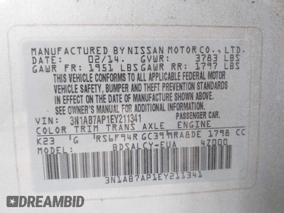 2014 Nissan Sentra S with VIN 3N1AB7AP1EY211341, listed as a IAAI auction lot 42093879 with 110,933 mi miles and . Bid and sale history available at DreamBid. Image 9.